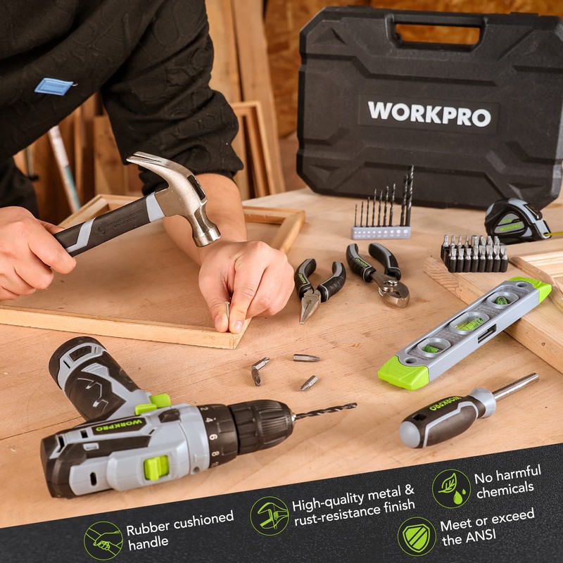 WORKPRO Home Tool Kit with Power Drill, 108PCS Power Home