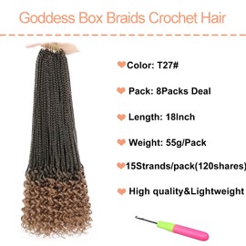 Mscat 18 Inch Goddess Box Braids Crochet Hair with Curly Ends 8 Packs Pre-looped 3X Synthetic Boho Box Braiding Hair for Women (15Strands/pack T27#)