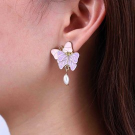 Aneneiceera Vintage Acrylic Butterfly Stud Earrings Resin Pink Butterfly Earrings Gold Pearl Dangle Earrings Light Purple Enamel Earrings Jewelry for Women