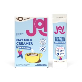 JOI Oat Milk Coffee Creamer, French Vanilla - 10 Biodegradable Single Serves. Functional, Prebiotic Superfood, Vegan, Dairy Free, Non-Dairy, Plant Based, Kosher, Non-GMO, Shelf-Stable, Barista, Fortified with Calcium. Use in Coffee or Protein Shakes. Single Serve, Travel Packs. Low Sugar. Contains Organic, Glyphosate-free Oats and Avocado oil. Zero Gums, Perservatives, or Seed Oils.