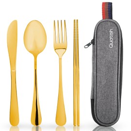 Travel Utensils with Case, Quatish Portable Silverware Set for Work, Stainless Steel Reusable Travel Cutlery, Fork and Spoon Set for Camping, Picnic, Gadgets, Lunch Box for Men, Christmas Gift, Gold