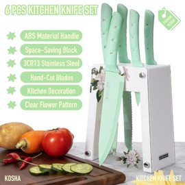 KOSHA 6 PCS Stainless Steel Knife Set with Block - Kitchen Knives Set for Cutting, Slicing, Dicing (Pink/Green) | Ergonomic Handle, Floral Acrylic Knife Block, Non-Stick Coated | Present for Women