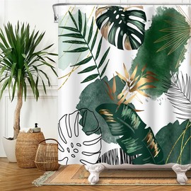 Uiiooazy Shower Curtain, Boho Style, Shower Curtain, Green Gold Palm Leaves, Tropical Shower Curtains, Anti Mould, Waterproof Polyester Fabric, Washable Bathroom Curtain with 12 Hooks for Bathroom,