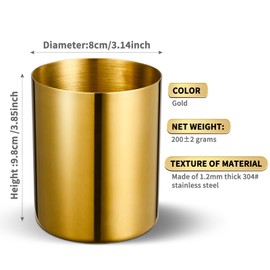 Lidwot Golden Stainless Steel Round Pen Holder - Nordic Style Office Desk Organizer/Pen Jar,Metal Pencil Cup/Stationery Organizer,Makeup Brush Holder/Makeup Brush Jar/Makeup Brush Organizer.