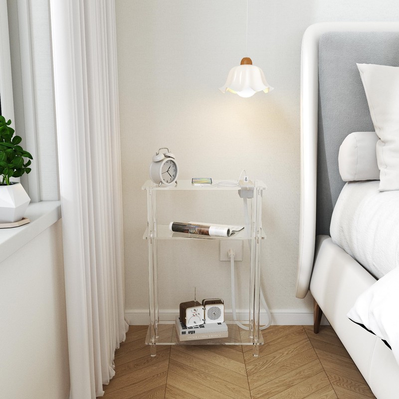 HMYHUM Acrylic Narrow Side Table with Charging Station, 7" Width,