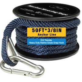 Double Braided Nylon Boat Anchor Rope 3/8inch with 316 Stainless Steel Thimble and Heavy Duty Snap Hook Marine Grade Anchor line Black (Navy Blue, 50Feet)