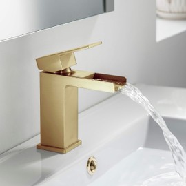 KIBI Waterfall Single Handle Vanity Faucet for Bathroom Sink | Solid Brass High Arc Faucet Spout (Brushed Gold) (KBF1004) (Pop Up Drain Included)