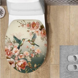 Garucesta Toilet Lid Cover Protector Absorbent Dry Quickly Toilet Lid Dust Cover with Elastic Straps Non-slip Backing Bathroom Home Indoor Decor 17.3'' x 13'', Hummingbird Floral Pattern