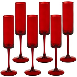 6 Pieces Red Champagne Flutes 6 OZ Straight Sided Wine Glasses Champagne Long Stem Drinking Colored Glasses,Set of 6 Hand Blown Champagne Flutes Goblets for Wedding Cocktail Cups,Cava, Prosecco