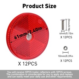 Abnaok 12 Pack Front Reflector Round Reflector for Driveway Fence Gate Posts Trailers Safety Reflectors Automobiles Boats Mailboxes Reflector with Center Mounting Hole