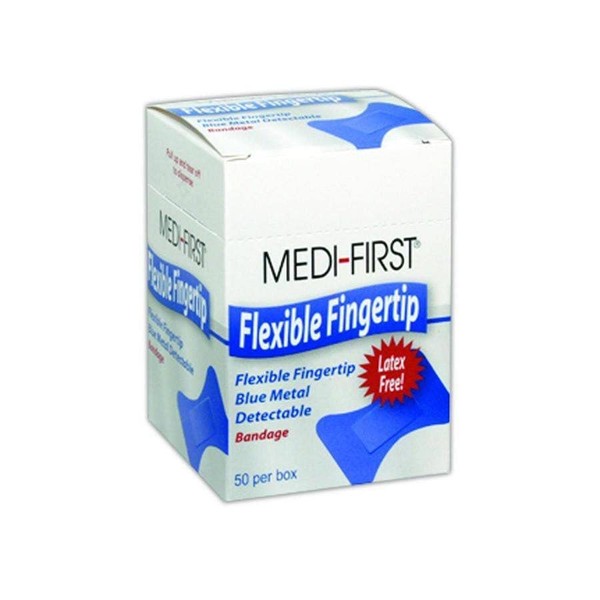 Medique MP66050 Medi-First Blue Metal Detectable Fingertip Bandages, 1.5" x 3", Flesh, Fingertip (Pack of 50)