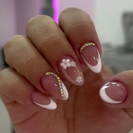 IMRAIN Flower Press on Nails Medium Almond Fake Nails White French Tip False Nails with White Floral Designs Glossy Glue on Nails Summer Artificial Acrylic Nail Supplies for Women Girls 24Pcs