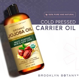Brooklyn Botany Cold-Pressed Organic Jojoba Oil | for Skin, Hair and Face | 8 Fl Oz | 100% Pure and Natural | Carrier Oil for Essential Oils, Aromatherapy and Massage | Hexane Free