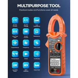 Crenova Digital Clamp Meter Multimeter 6000 Counts TRMS Voltage Tester Amp Meter for AC/DC Current/Voltage,Resistance,Capacitance,Frequency,Duty Cycle,Temperature,Continuity,Diode,NCV,Live Wire Test