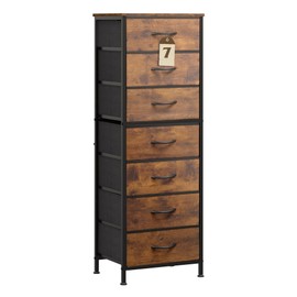 WLIVE Tall Dresser for Bedroom, 7 Drawer Dressers & Chests of Drawers, Fabric Dresser for Closet, Night Stand with Metal Frame, Storage Tower with Fabric Bins, Wood Top, Rustic Brown Wood Grain Print