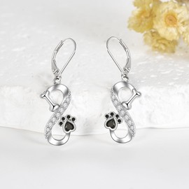 SHEAISRS Paw Print Earrings 925 Sterling Silver Black Cat Dog Paw Print Drop Earrings for Women Infinity Jewelry