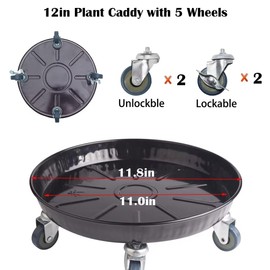 ARTLINE Round Plant Stand with Lockable Wheels, Heavy Duty for Indoor Outdoor, Large Rolling Dolly Planter Caddy on Casters to Carry Potted Flower Pot, Round Metal Tray NO Holes, Black
