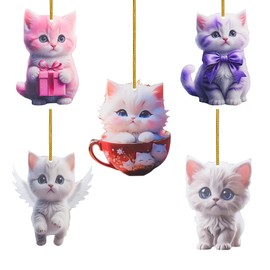 5 PCS Ideas 2D Acrylic Christmas Cat Ornament Small Cute Xmas Tree Family Decoration Kit with String Santa Craft Present Garden House Wall Window Wreath Party Bag Outdoor Mini Hanging Bauble Decor