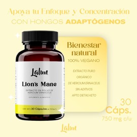 Melena de León Extracto 100% Orgánico | Hongos Adaptógenos Naturales | Cápsulas Veganas de 750mg | 30 Cápsulas | Suplementos Alimenticios para Enfoque y Concentración | LALUN ORGANIC