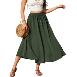 Zeagoo Skirts Women's Midi Length Elegant Skirt High Waist Maxi Skirt with Drawstring Plain Casual Skirt Wedding Cocktail Skirt, Green