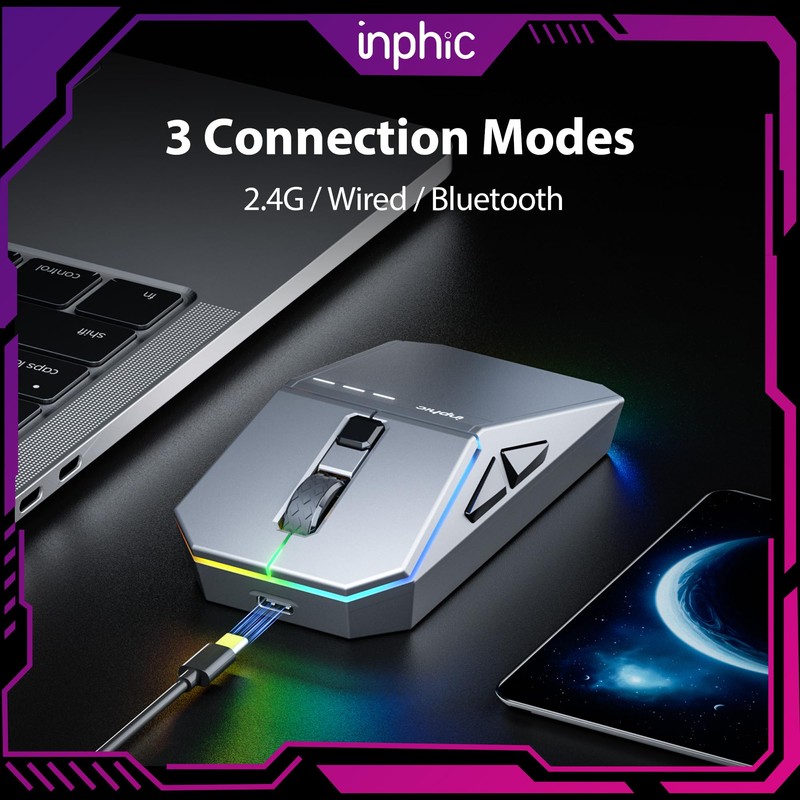 INPHIC Cyber Wireless Gaming Mouse, Tri-Mode 12000 DPI, 65g Lightweight