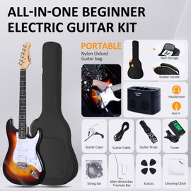 AODSK Electric Guitar with Amp Beginner Kit 39 Inch Solid Body Full Size,All Accessories,Digital Tuner,Six Strings,Four Picks,Tremolo Bar,Strap,Gig Bag,Starter kit (HSS-sunburst)