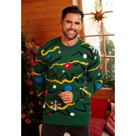 Adult Xmas Knitted Sweater Novelty Christmas Tree Knitted Pullover Ribbed Hem Warm Green Bulbs Sweatshirts L