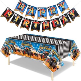 HunnmingRe 3 Pcs Monster Truck Tablecloths Plastic Happy Birthday Banner Monster Truck Birthday Party Supplies 54 x 108 Inch Monster Truck Table Cover for Car Themed Birthday Party Decorations