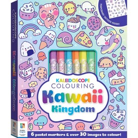 Hinkler Pty - Kaleidoscope Colouring Kit - Kawaii Kingdom - Art and Craft Activity for Ages 6-12 Years - Includes 6 Pastel Markers, 1 Sheet of Temporary Tattoos and Over 30 Colouring Pages