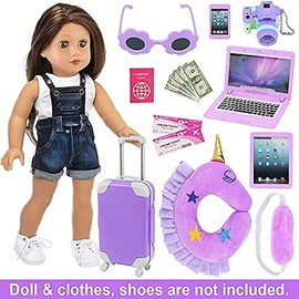 ZITA ELEMENT 16 pcs Doll Accessories Suitcase Travel Luggage for 18 Inch Carrier,Sunglasses Camera Computer Phone Pad Pillow Blindfold Passport Tickets Cashes(Doll Is Not Included)