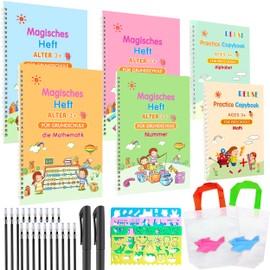 Pack of 6 Magic Exercise Books German and English 26 x 18 cm Magic Exercise Book German with Pen Reusable Exercise Book Book Writing Aid with 20 Refills + 2 Pen Exercise Books Set