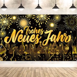 DPKOW German Happy New Year Banner for 2025 New Year Party Decoration, Black Gold New Year Background Banner for New Year Indoor Outdoor Decoration, Black Gold New Year's Eve Decoration, 185 x 110 cm