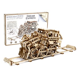 WOODEN.CITY Dream Express 3D Wooden Puzzles for Adults – Build Your Own Train with Rubber‑Band Motor – Self‑Assembly Model, DIY Gift – Laser‑Cut Wooden 3D Model for Display and Home Décor
