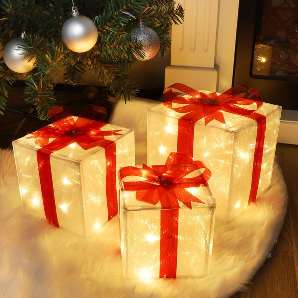 Juegoal Christmas Lighted Gift Boxes Decorations, Pre-lit Light Up Decorative PVC Present Box Under Tree Decor, Indoor Outdoor Holiday Party Christmas Pathway Gift Box Home Yard Art, Set of 3
