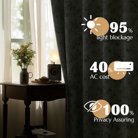 jinchan 95% Blackout Floral Curtains 63 Inch Length, Printed Flower Taupe Blackout Curtain for Bedroom Rod Pocket Back Tab Blackout Curtains Thermal Insulated Window Drapes, 2 Panels Taupe