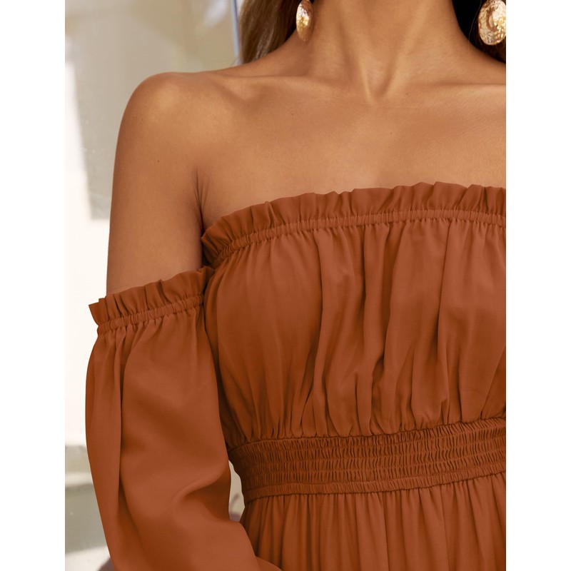 ZESICA Women's 2025 Boho Sexy Off Shoulder Long Sleeve Smocked
