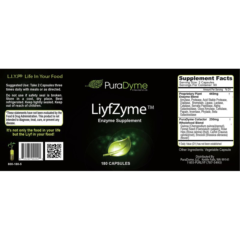 LiyfZyme Plant Based Digestive Enzyme Supplement - 180 Veggie Caps.