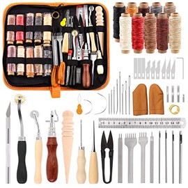 Swpeet Juego de 46 piezas para manualidades de cuero, herramientas y suministros de trabajo con ranura para hilo encerado, punzón, rueda de trazado, agujas de coser y más