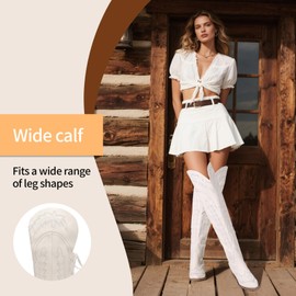 Krypthixor White Thigh High Cowboy Boots With Lace Up Over The Knee Cowgirl Boot For Women Embroidered Western Boot With Side Zipper Comfortable Wide Calf Tall Boots Size 9