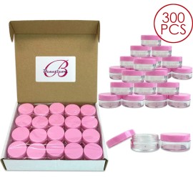Beauticom 300 Pieces 10G/10ML Round Cosmetic Cream Clear Plastic Sample Pot Jars Pink Lids