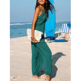 CUPSHE Women's Jumpsuit Halterneck Deep V Neck Backless Sleeveless Long Wide Leg Jumpsuit Trouser Suit Playsuit, peacock