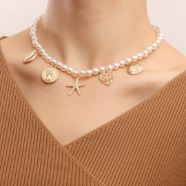 Eioi & Lmnm Pearl Charm Necklace for Women, Starfish Seashell Charms Pearl Choker Necklace, Ocean-themed Charms Imitation Pearl Collarbone Necklace, Summer Beach Jewelry Gift for Bestie Sister (A)