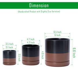 D'vine Dev 3 Inch & 4 Inch & 6 Inch, Set of 3 Round Ceramic Planter Pot with Drainage Hole and Saucer, Black/Speckled Tan, 94-T-S-7