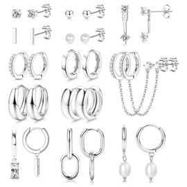 Kakonia 13 Pairs Small Silver Hoop Earrings Set for Women 14K Gold Plated Lightweight Huggie Hoops Hypoallergenic Pearl Dainty Stud Hoop Earrings