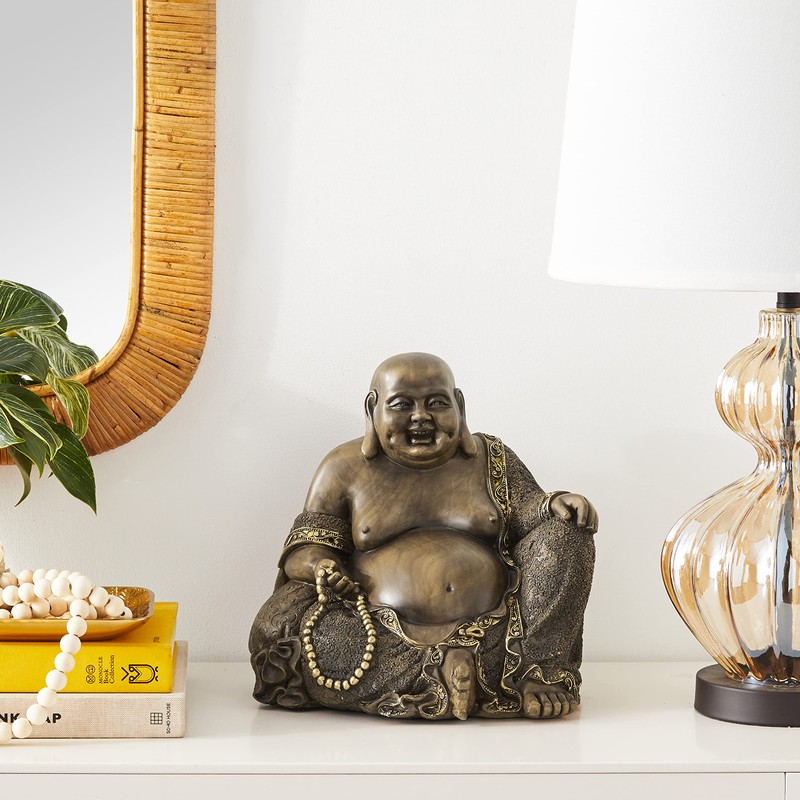 Oriental Furniture 10" Sitting Hotei Happy Buddha Statue, Bronze