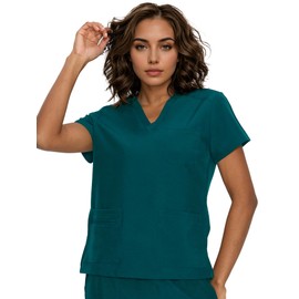 floralhue Scrub Tops for Women, Curved V-Neck Scrub Tops with 3 Pockets, Soft Stretch, Easy Care,Caribbean Blue,XL