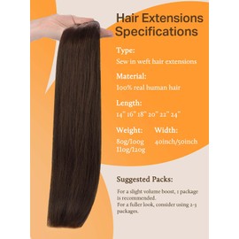 DOORES Sew in Hair Extensions Real Human Hair, Light Dark Brown 16 Inch 80g, Weft Hair Extensions Human Hair Sew in Hair Extensions Full Head Double Weft Natural Straight Hair Extensions