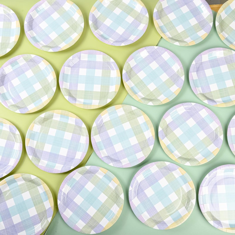 AllReal 24Pcs Spring Easter Dessert Plates Pastel Gingham Disposable Paper