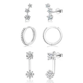 CERSLIMO 3 Pairs of Earrings Set for Multiple Pierced Ears, Earrings Studs Silver 925 AAA Zirconia Stud Earrings Set for Women Ladies Girls, Cubic Zirconia