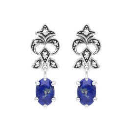 Esse Marcasite Sterling Silver Art Nouveau Lapis Lazuli & Marcasite Drop Earrings